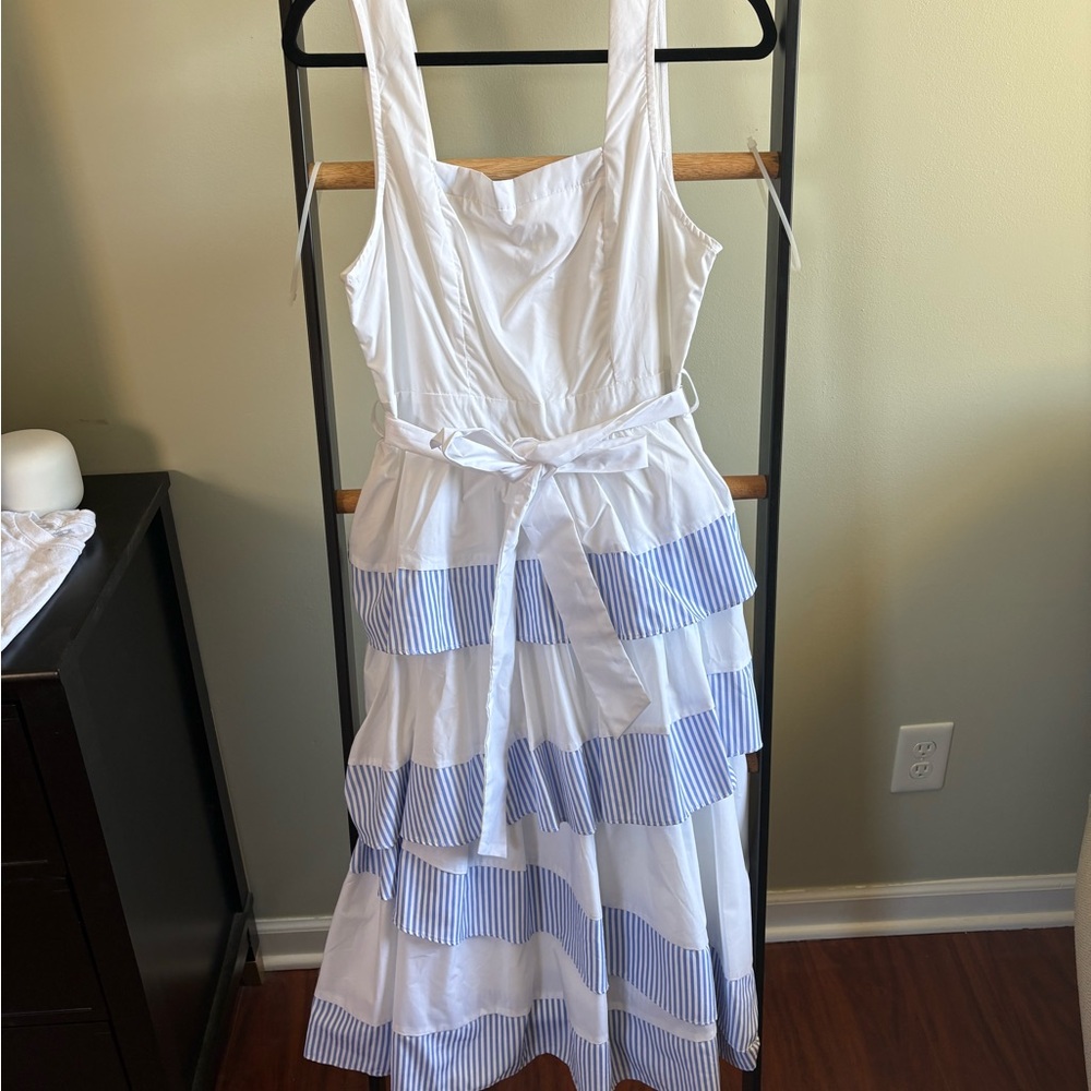 White and Blue Striped Tiered Dress